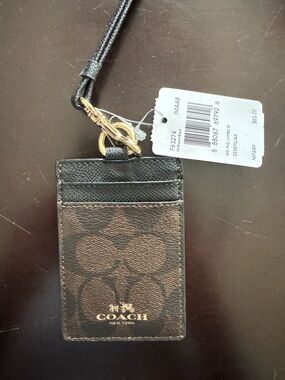 Coach Black Leather Card Holder with Gold Logo and Lanyard